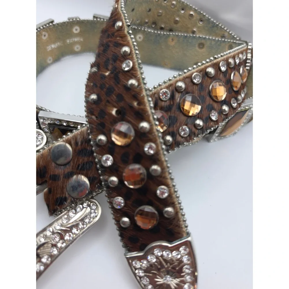 Western Leopard Calf Hair Crystal Studded Cross Belt Silver Buckle Brown Amber